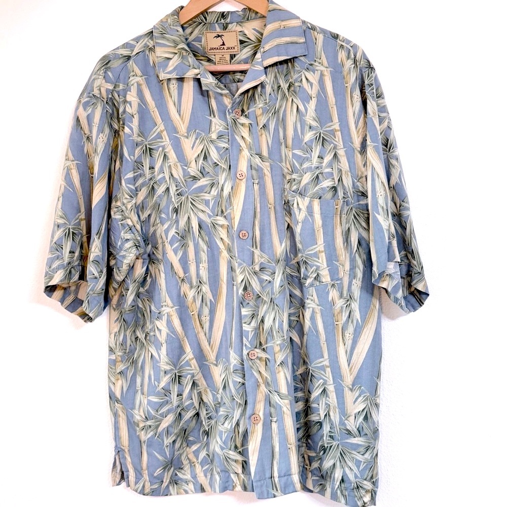 VTG Y2K Jamaica Jaxx 100% Silk Bamboo Print Hawaiian Aloha Shirt Blue Size M